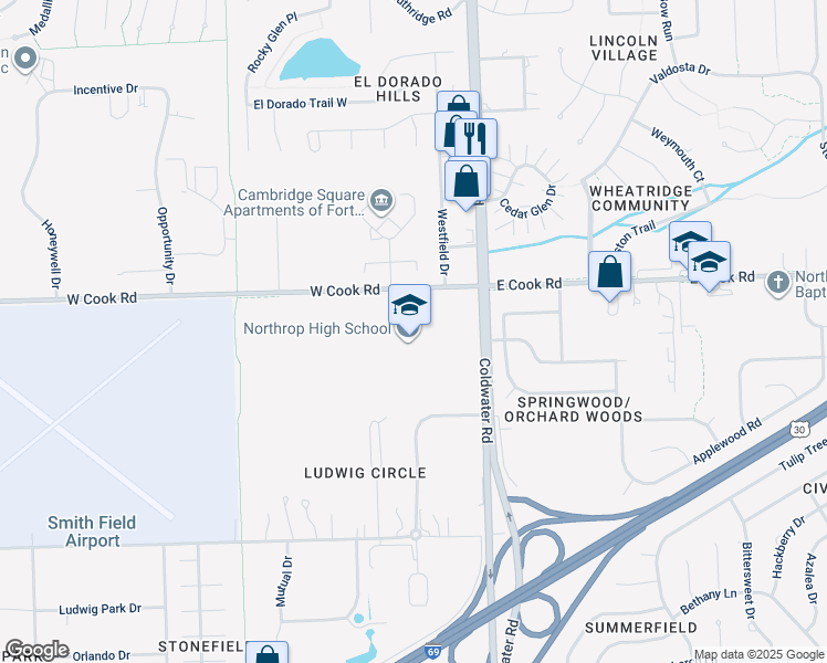 map of restaurants, bars, coffee shops, grocery stores, and more near 7001 Coldwater Road in Fort Wayne