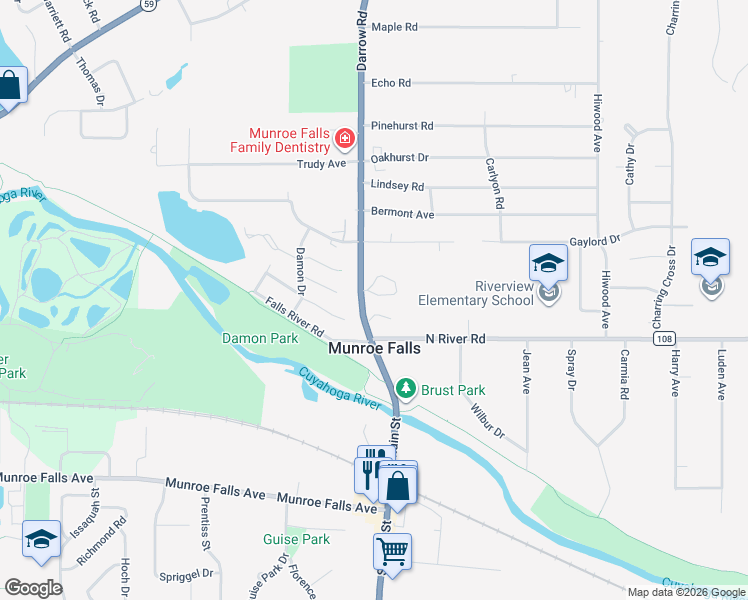 map of restaurants, bars, coffee shops, grocery stores, and more near 22 River Ridge Lane in Munroe Falls