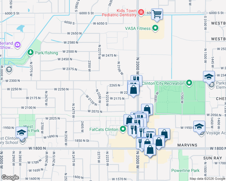 map of restaurants, bars, coffee shops, grocery stores, and more near 2188 West 2220 North in Clinton