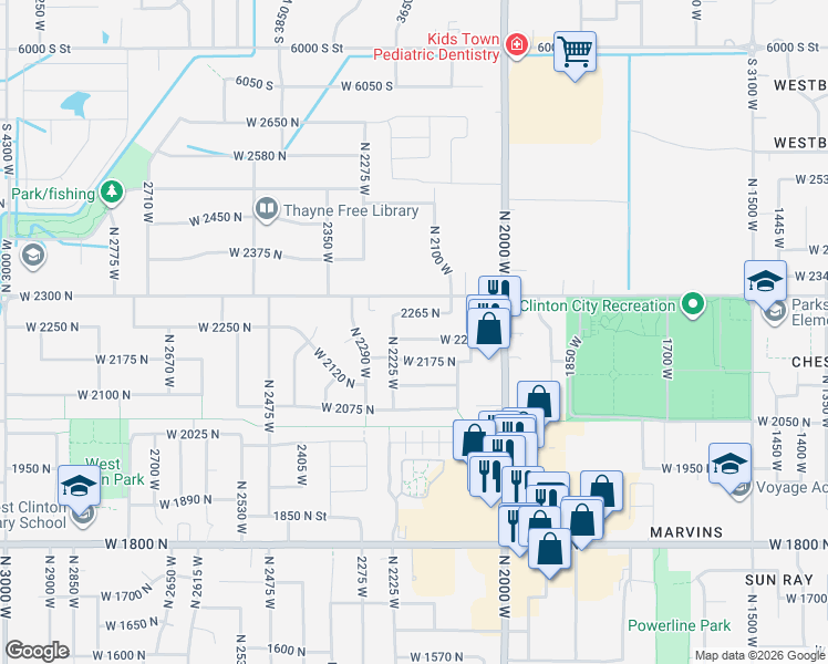map of restaurants, bars, coffee shops, grocery stores, and more near 2188 West 2220 North in Clinton