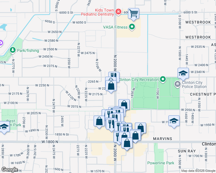 map of restaurants, bars, coffee shops, grocery stores, and more near 2054 West 2220 North in Clinton