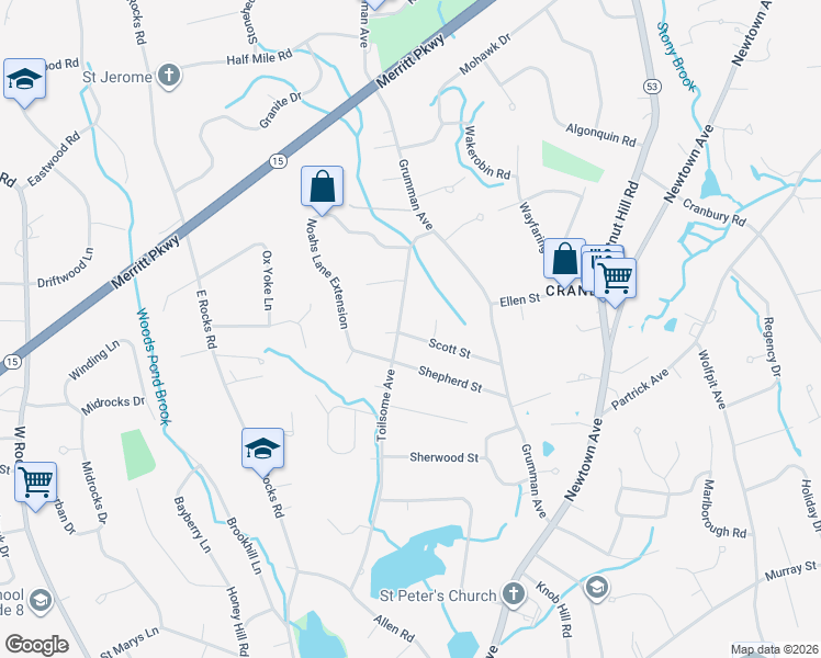 map of restaurants, bars, coffee shops, grocery stores, and more near 66 Toilsome Avenue in Norwalk