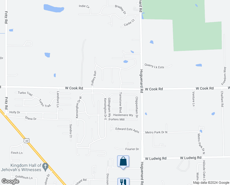 map of restaurants, bars, coffee shops, grocery stores, and more near 4420 W Cook Rd in Fort Wayne