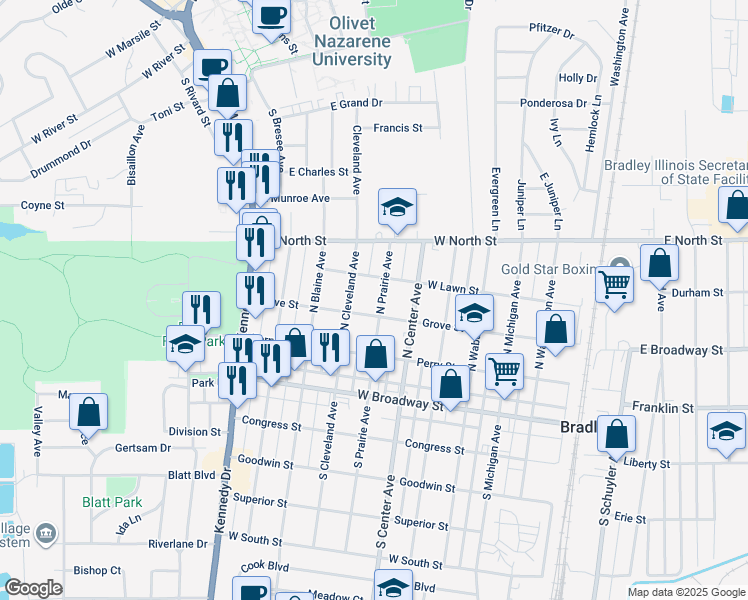 map of restaurants, bars, coffee shops, grocery stores, and more near 383 North Prairie Avenue in Bradley