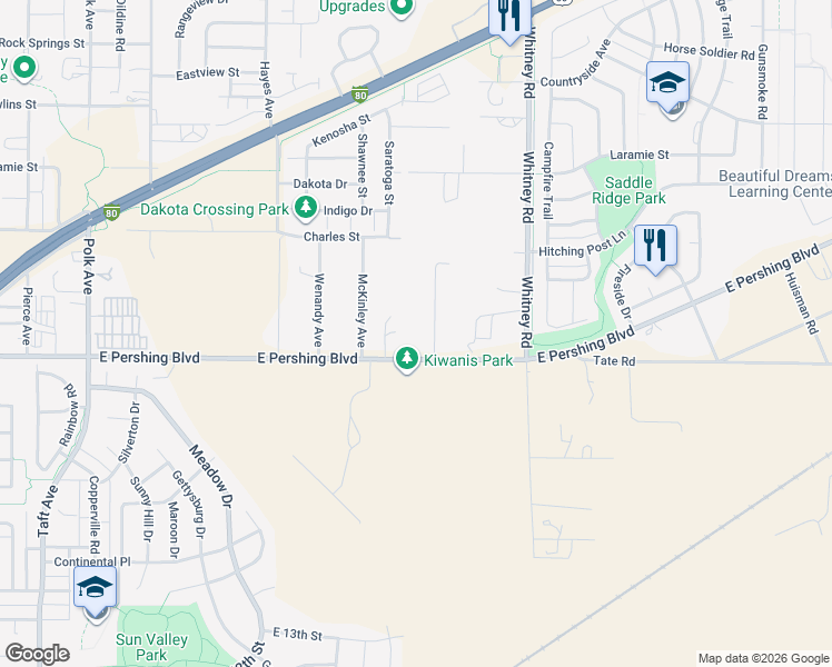 map of restaurants, bars, coffee shops, grocery stores, and more near 5920 E Pershing Blvd in Cheyenne