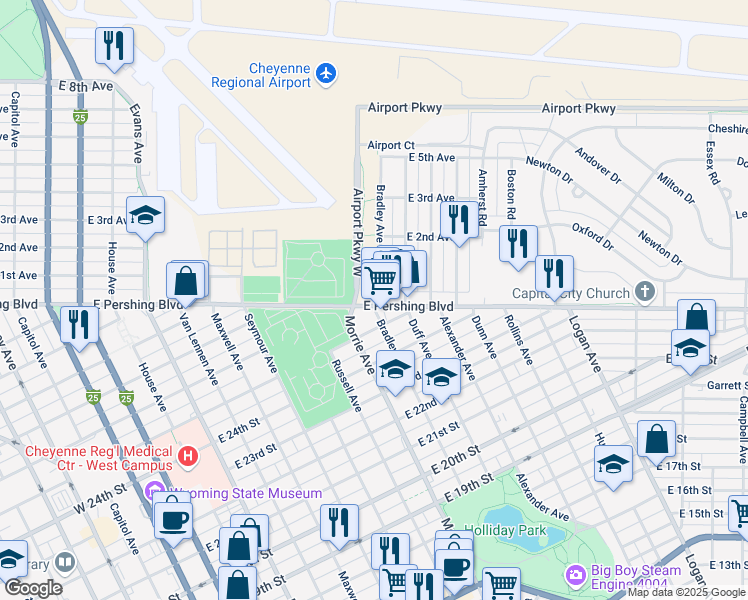 map of restaurants, bars, coffee shops, grocery stores, and more near 1028 East Pershing Boulevard in Cheyenne