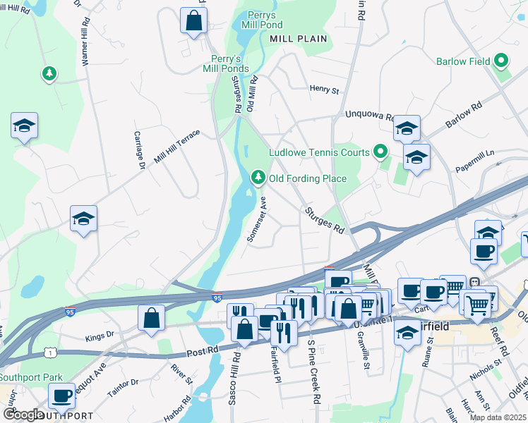 map of restaurants, bars, coffee shops, grocery stores, and more near 214 Merton Street in Fairfield