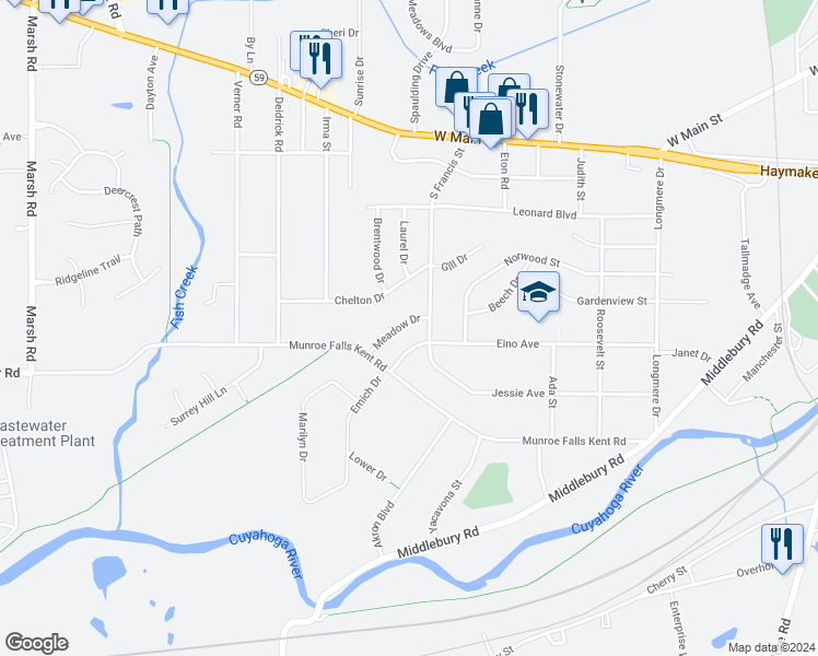 map of restaurants, bars, coffee shops, grocery stores, and more near 1240 Meadow Drive in Kent