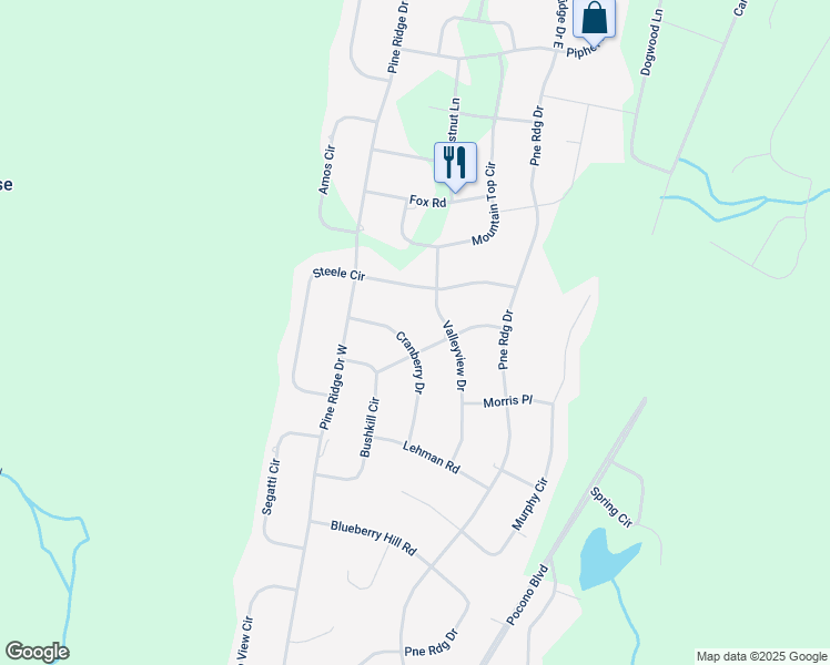map of restaurants, bars, coffee shops, grocery stores, and more near 1127 Cranberry Drive in Bushkill