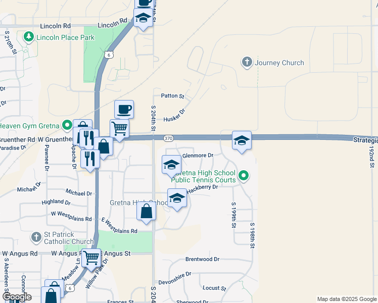 map of restaurants, bars, coffee shops, grocery stores, and more near 20184 Glenmore Drive in Gretna
