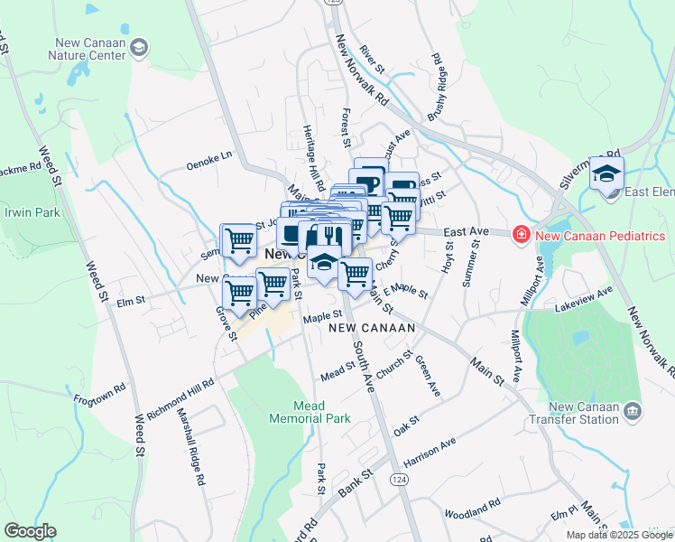 map of restaurants, bars, coffee shops, grocery stores, and more near 98 Elm Street in New Canaan