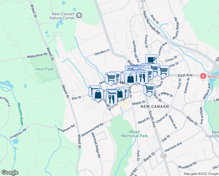 map of restaurants, bars, coffee shops, grocery stores, and more near 66 Seminary Street in New Canaan