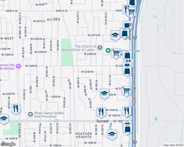 map of restaurants, bars, coffee shops, grocery stores, and more near 312 West 2250 North in Sunset