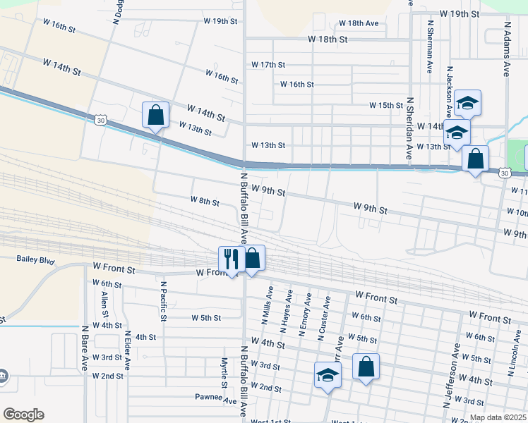 map of restaurants, bars, coffee shops, grocery stores, and more near in North Platte