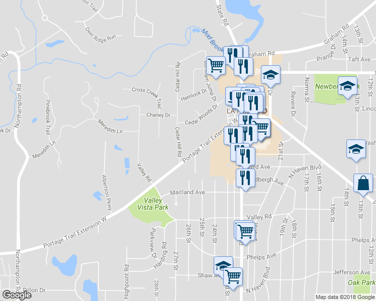map of restaurants, bars, coffee shops, grocery stores, and more near 151 Portage Trail Extension West in Cuyahoga Falls