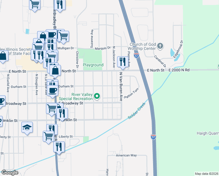 map of restaurants, bars, coffee shops, grocery stores, and more near 217 North Jackson Avenue in Bradley