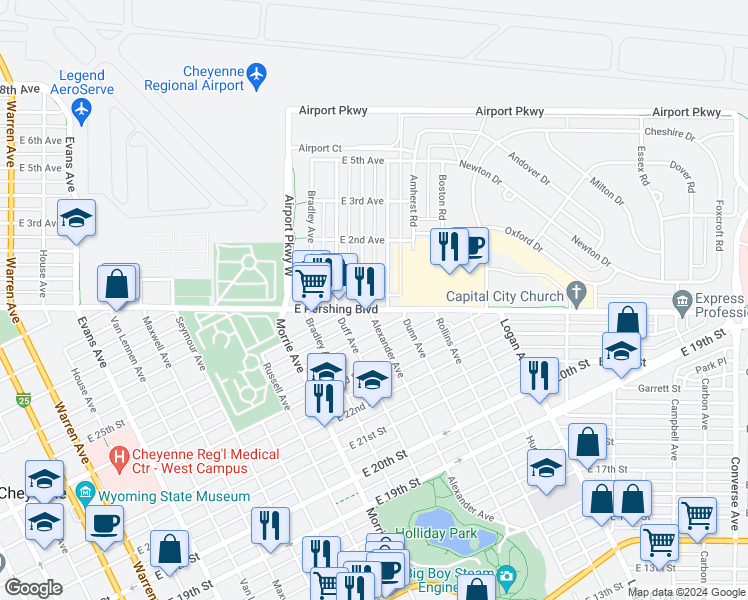 map of restaurants, bars, coffee shops, grocery stores, and more near 3300 Dunn Avenue in Cheyenne