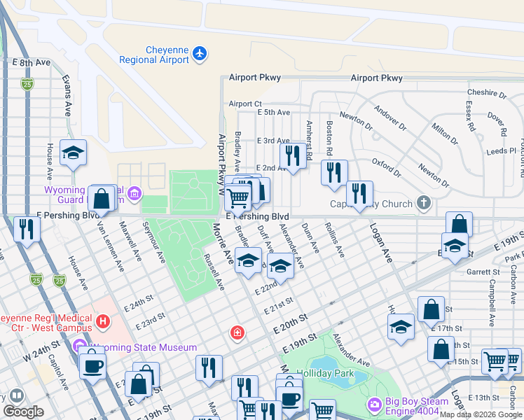 map of restaurants, bars, coffee shops, grocery stores, and more near 3314 Alexander Avenue in Cheyenne