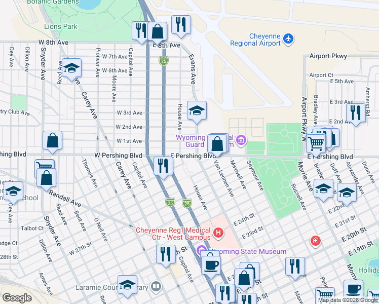 map of restaurants, bars, coffee shops, grocery stores, and more near 3300-3398 Evans Avenue in Cheyenne
