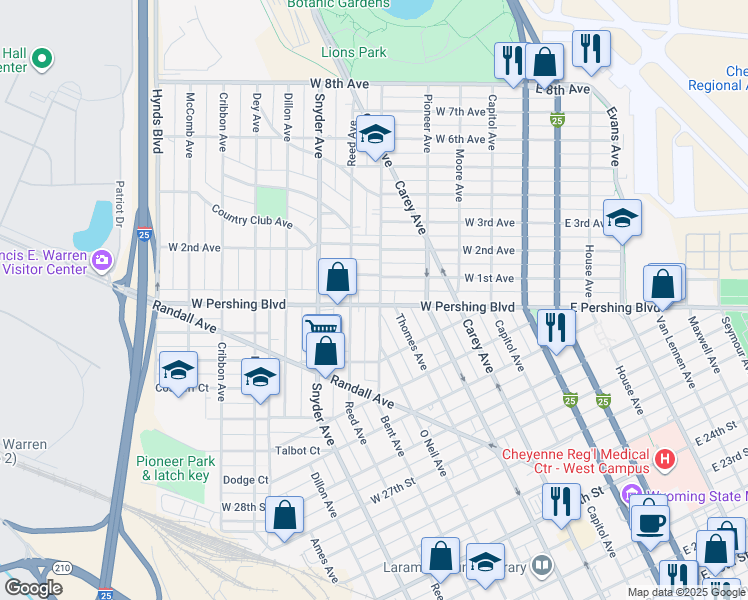 map of restaurants, bars, coffee shops, grocery stores, and more near 3308 Bent Avenue in Cheyenne