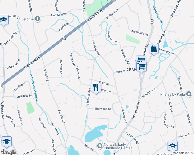 map of restaurants, bars, coffee shops, grocery stores, and more near 66 Toilsome Avenue in Norwalk