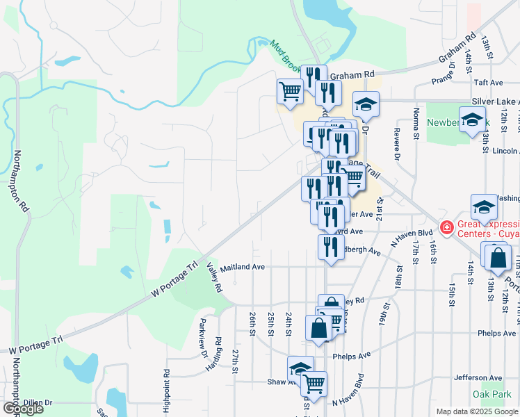 map of restaurants, bars, coffee shops, grocery stores, and more near 151 Portage Trail Extension West in Cuyahoga Falls
