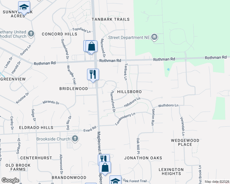 map of restaurants, bars, coffee shops, grocery stores, and more near 7045-7199 Thamesford Drive in Fort Wayne
