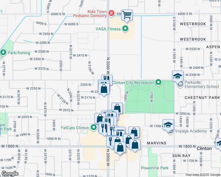map of restaurants, bars, coffee shops, grocery stores, and more near 2282 2000 North in Clinton