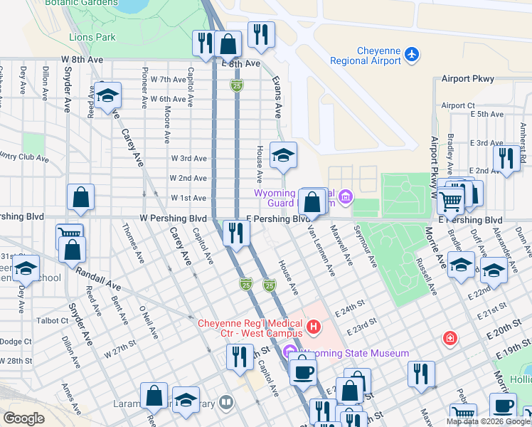 map of restaurants, bars, coffee shops, grocery stores, and more near 3312 House Avenue in Cheyenne