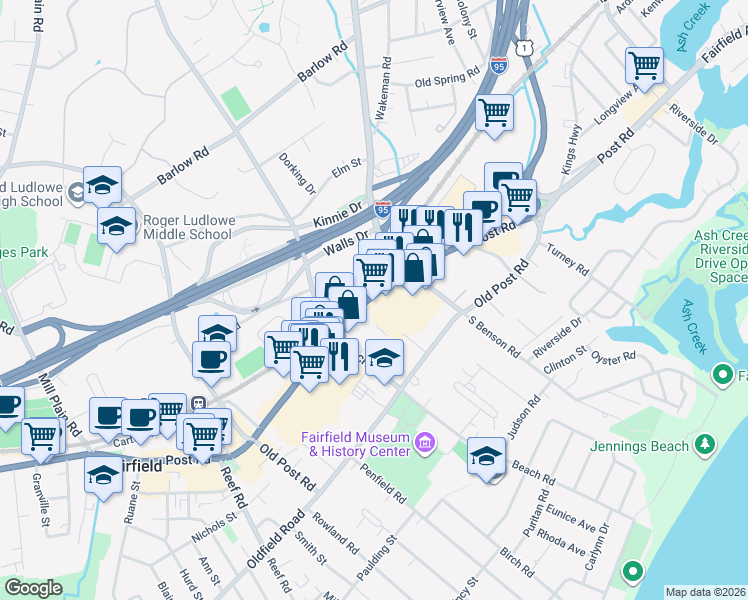 map of restaurants, bars, coffee shops, grocery stores, and more near 951 Post Road in Fairfield