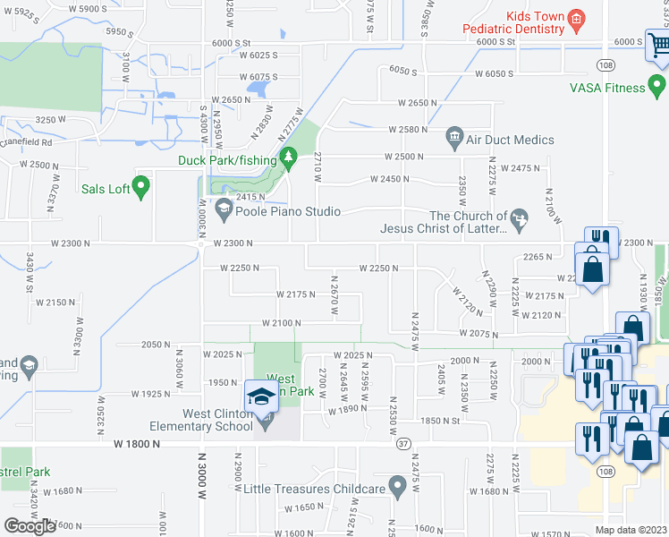 map of restaurants, bars, coffee shops, grocery stores, and more near 2687 West 2250 North in Clinton