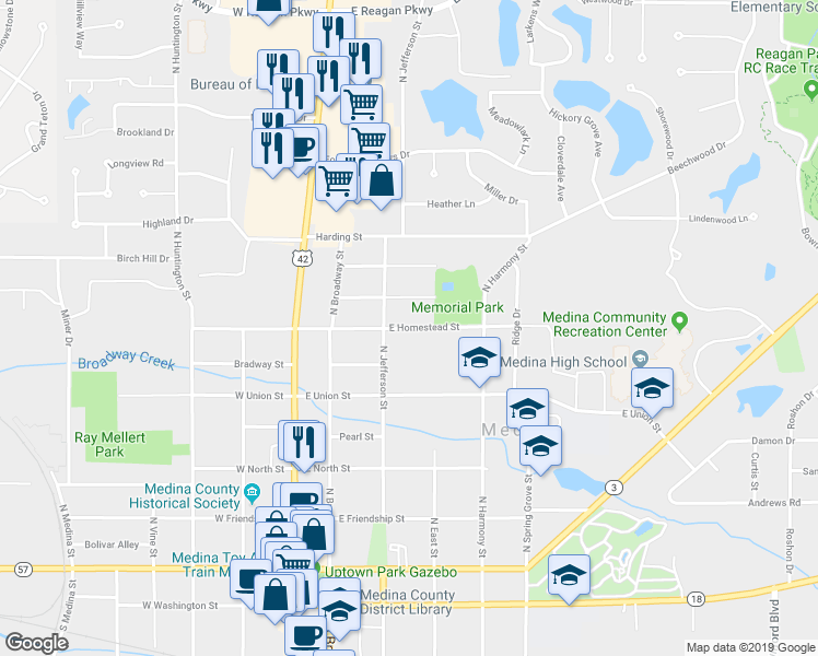 map of restaurants, bars, coffee shops, grocery stores, and more near 300 East Homestead Street in Medina