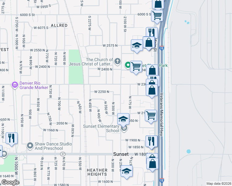 map of restaurants, bars, coffee shops, grocery stores, and more near 288 West 2225 North in Sunset