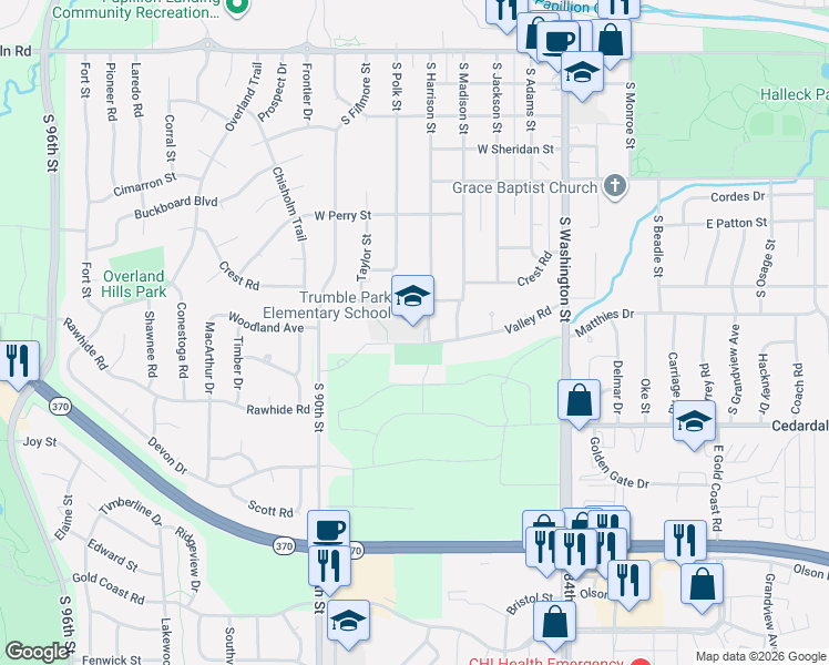 map of restaurants, bars, coffee shops, grocery stores, and more near 484 Valley Road in Papillion