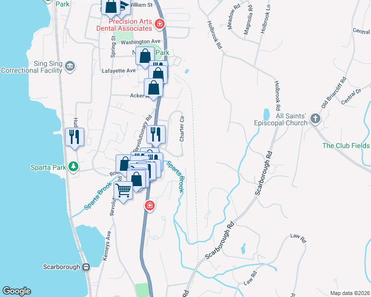 map of restaurants, bars, coffee shops, grocery stores, and more near 71 Charter Circle in Ossining