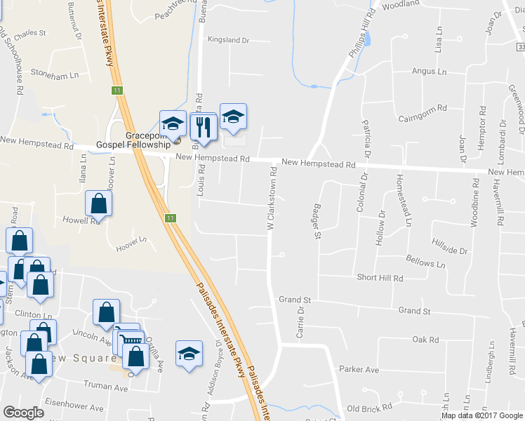 map of restaurants, bars, coffee shops, grocery stores, and more near 36 West Clarkstown Road in New City