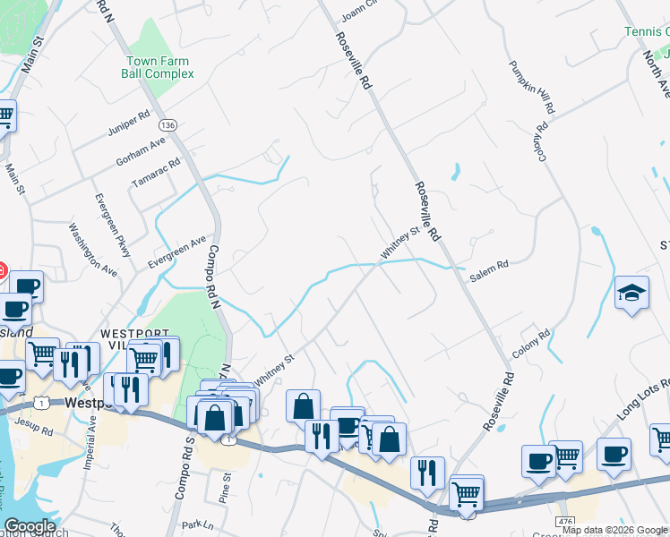 map of restaurants, bars, coffee shops, grocery stores, and more near 10 Fernwood Road in Westport