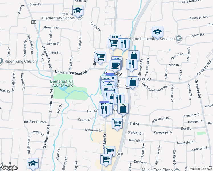 map of restaurants, bars, coffee shops, grocery stores, and more near 37 South Main Street in New City