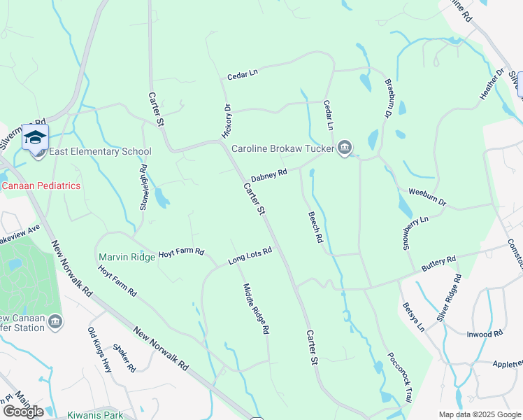 map of restaurants, bars, coffee shops, grocery stores, and more near 418 Carter Street in New Canaan