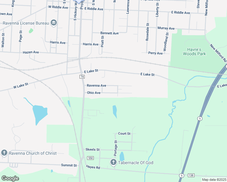 map of restaurants, bars, coffee shops, grocery stores, and more near 513 Ohio Avenue in Ravenna