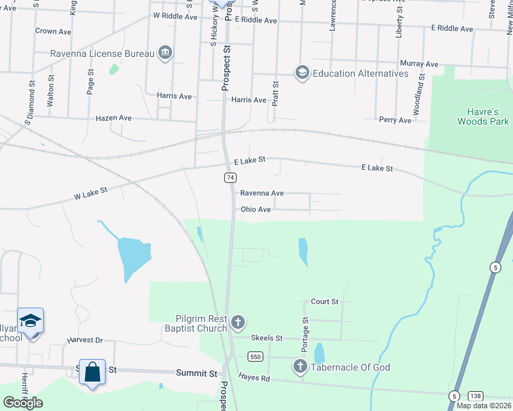map of restaurants, bars, coffee shops, grocery stores, and more near 315 Ohio Avenue in Ravenna
