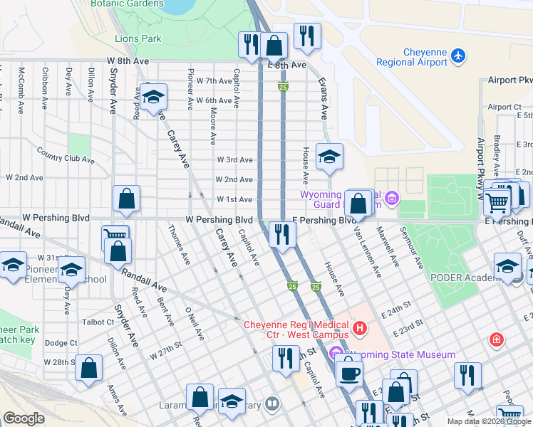 map of restaurants, bars, coffee shops, grocery stores, and more near 3300-3398 Warren Avenue in Cheyenne