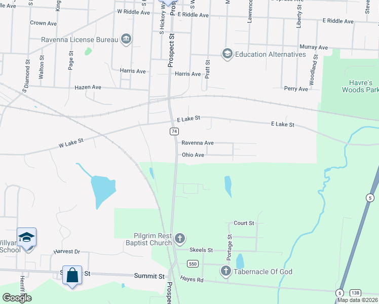 map of restaurants, bars, coffee shops, grocery stores, and more near 315 Ohio Avenue in Ravenna