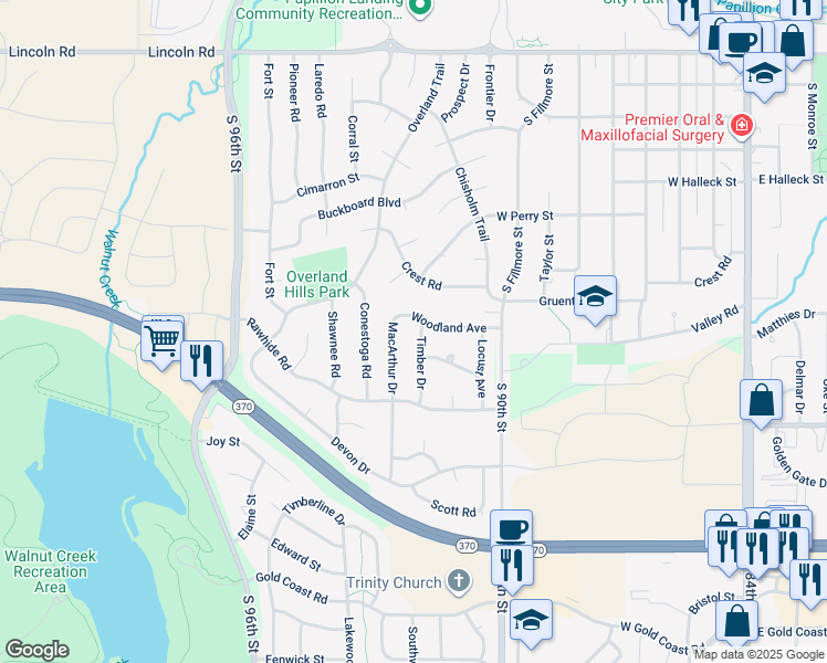 map of restaurants, bars, coffee shops, grocery stores, and more near 1012 Timber Drive in Papillion