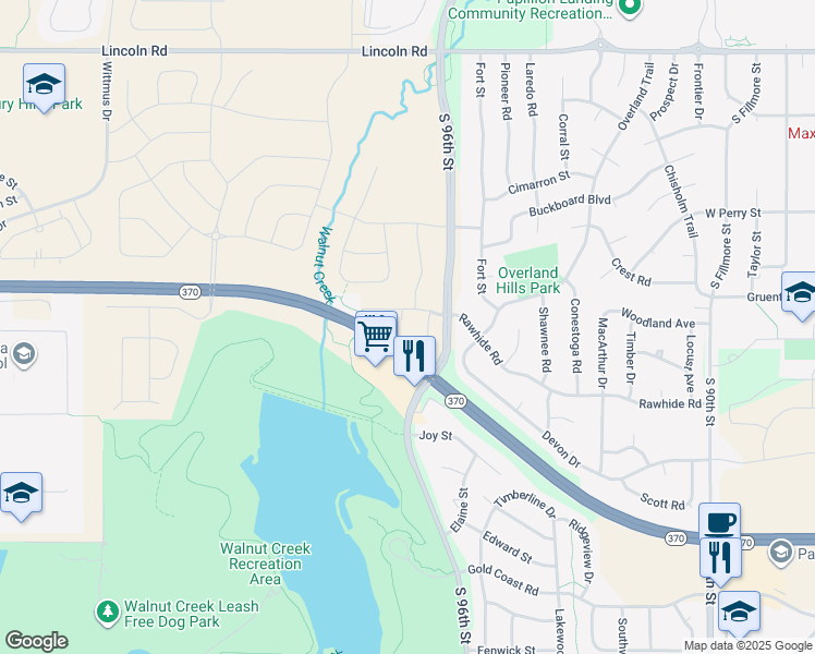 map of restaurants, bars, coffee shops, grocery stores, and more near 1007 Bison Circle in Papillion