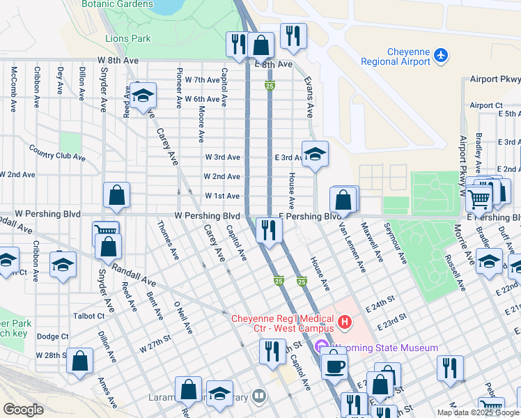 map of restaurants, bars, coffee shops, grocery stores, and more near 3300-3398 Warren Avenue in Cheyenne
