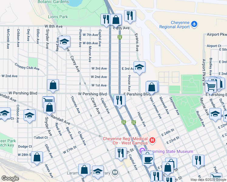 map of restaurants, bars, coffee shops, grocery stores, and more near 3300-3398 Warren Avenue in Cheyenne