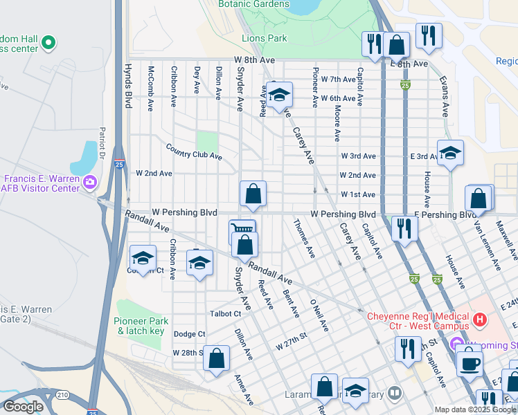 map of restaurants, bars, coffee shops, grocery stores, and more near 810 West Pershing Boulevard in Cheyenne