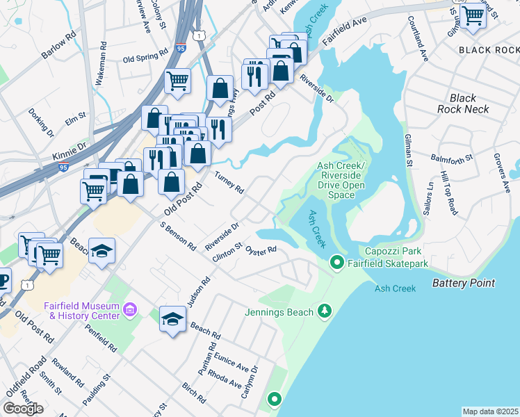 map of restaurants, bars, coffee shops, grocery stores, and more near 681 Riverside Drive in Fairfield