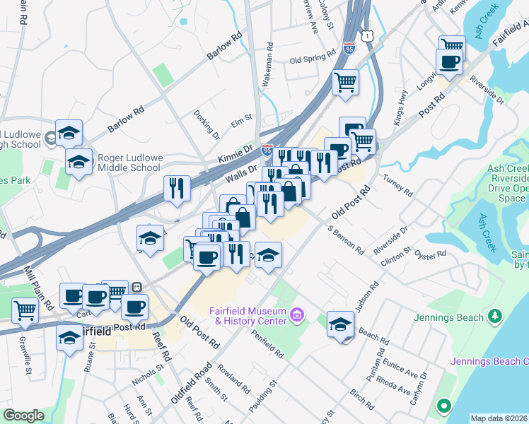 map of restaurants, bars, coffee shops, grocery stores, and more near 951 Post Road in Fairfield